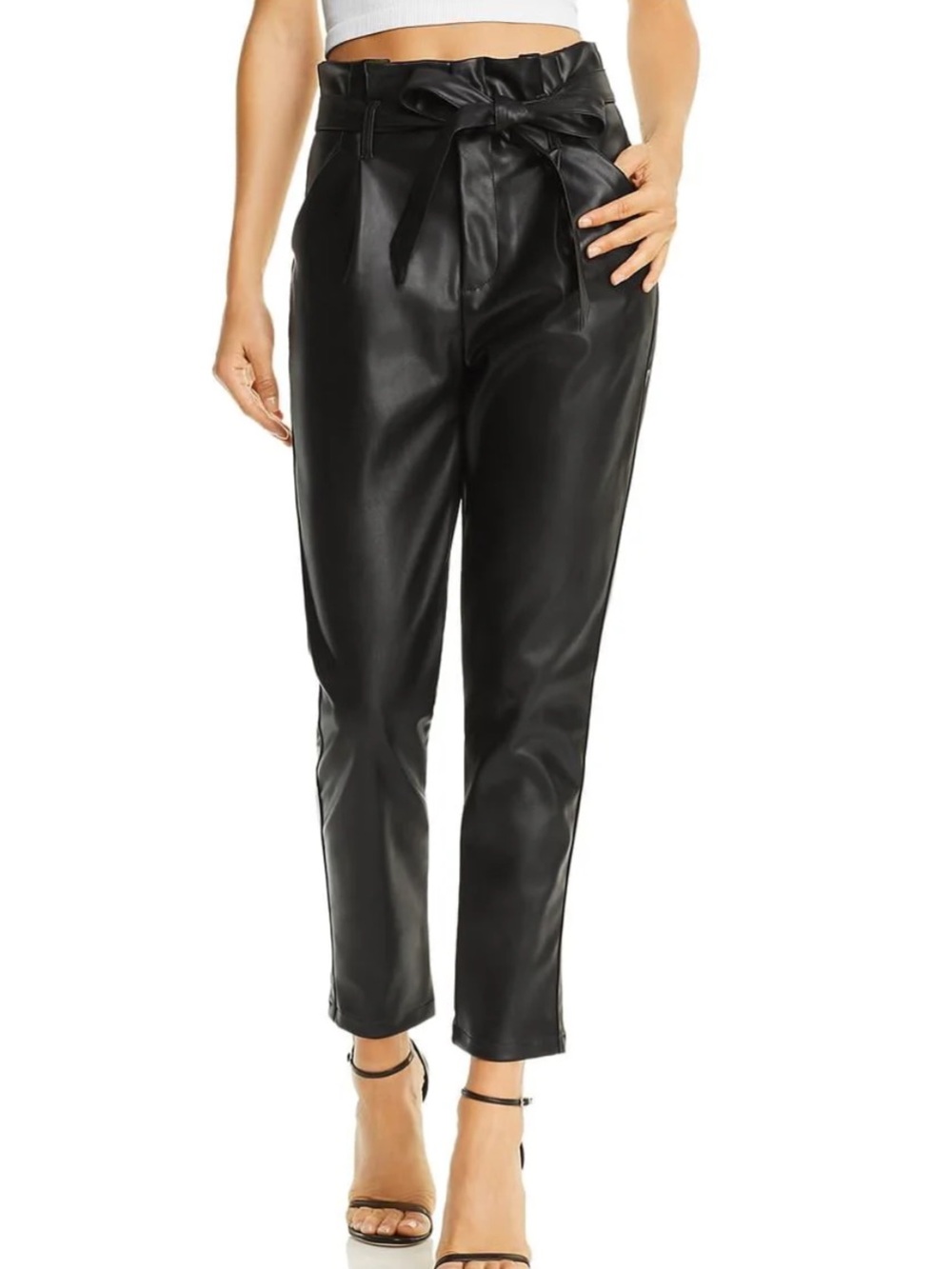 Lucy Paris Faux Leather Pants Paper Bag Belted Tie Waist High Rise Small Black